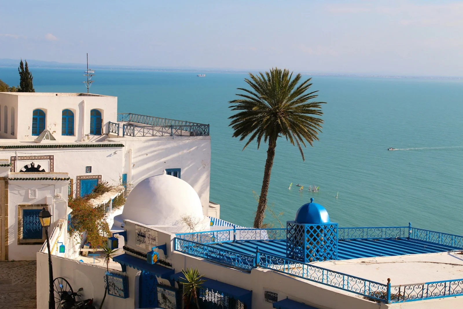 Maisons blanches aux portes bleues de Sidi Bou Said surplombant la mer Méditerranée