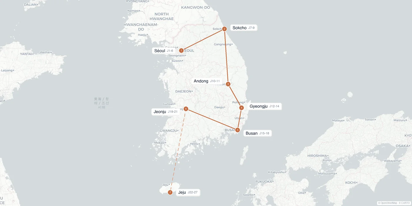 Carte de l'itinéraire 1 mois en Corée du Sud : Séoul, Sokcho, Seoraksan, Andong, Gyeongju, Busan, Jeonju, Jeju