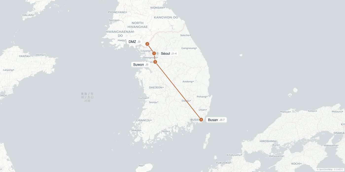 Carte de l'itinéraire 1 semaine en Corée du Sud : Séoul, DMZ, Suwon, Busan