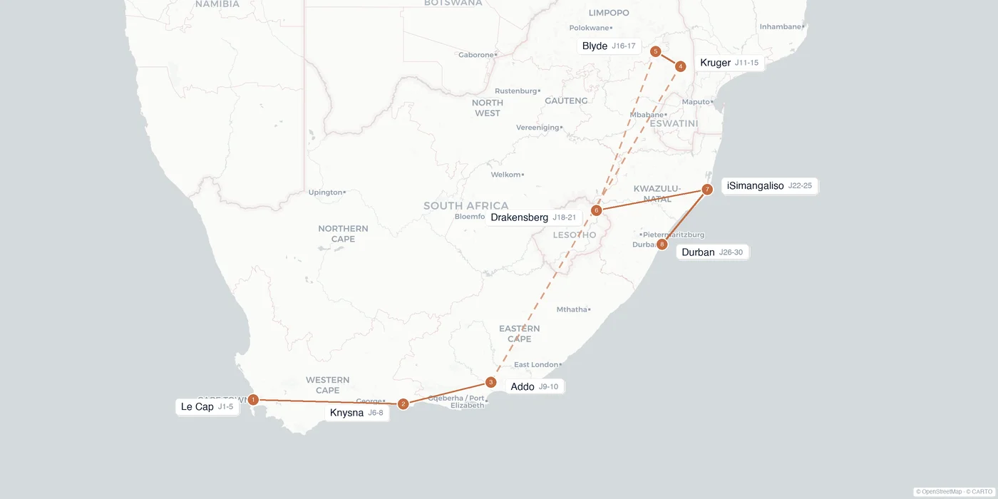 Carte de l'itinéraire 1 mois en Afrique du Sud : Le Cap, Knysna, Addo, Kruger, Blyde, Drakensberg, iSimangaliso, Durban