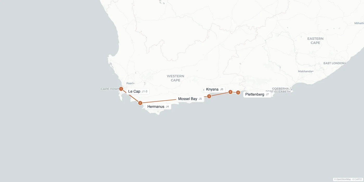 Carte de l'itinéraire 1 semaine en Afrique du Sud : Le Cap, Hermanus, Mossel Bay, Knysna, Plettenberg Bay