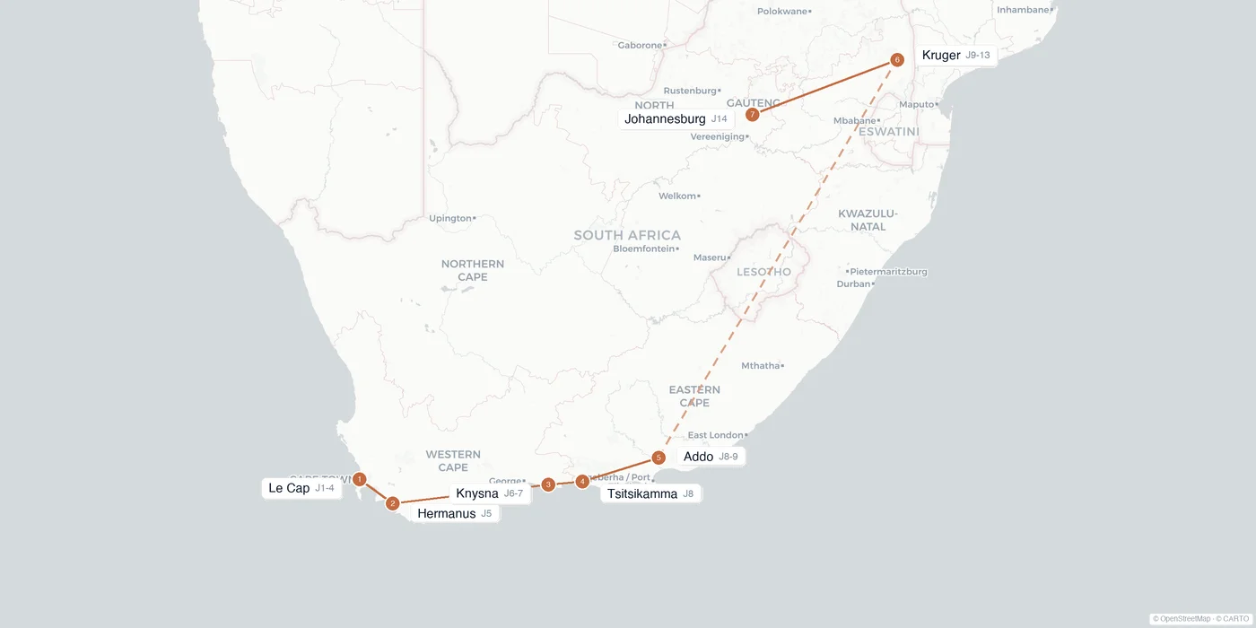 Carte de l'itinéraire 2 semaines en Afrique du Sud : Le Cap, Hermanus, Knysna, Tsitsikamma, Addo, Kruger, Johannesburg