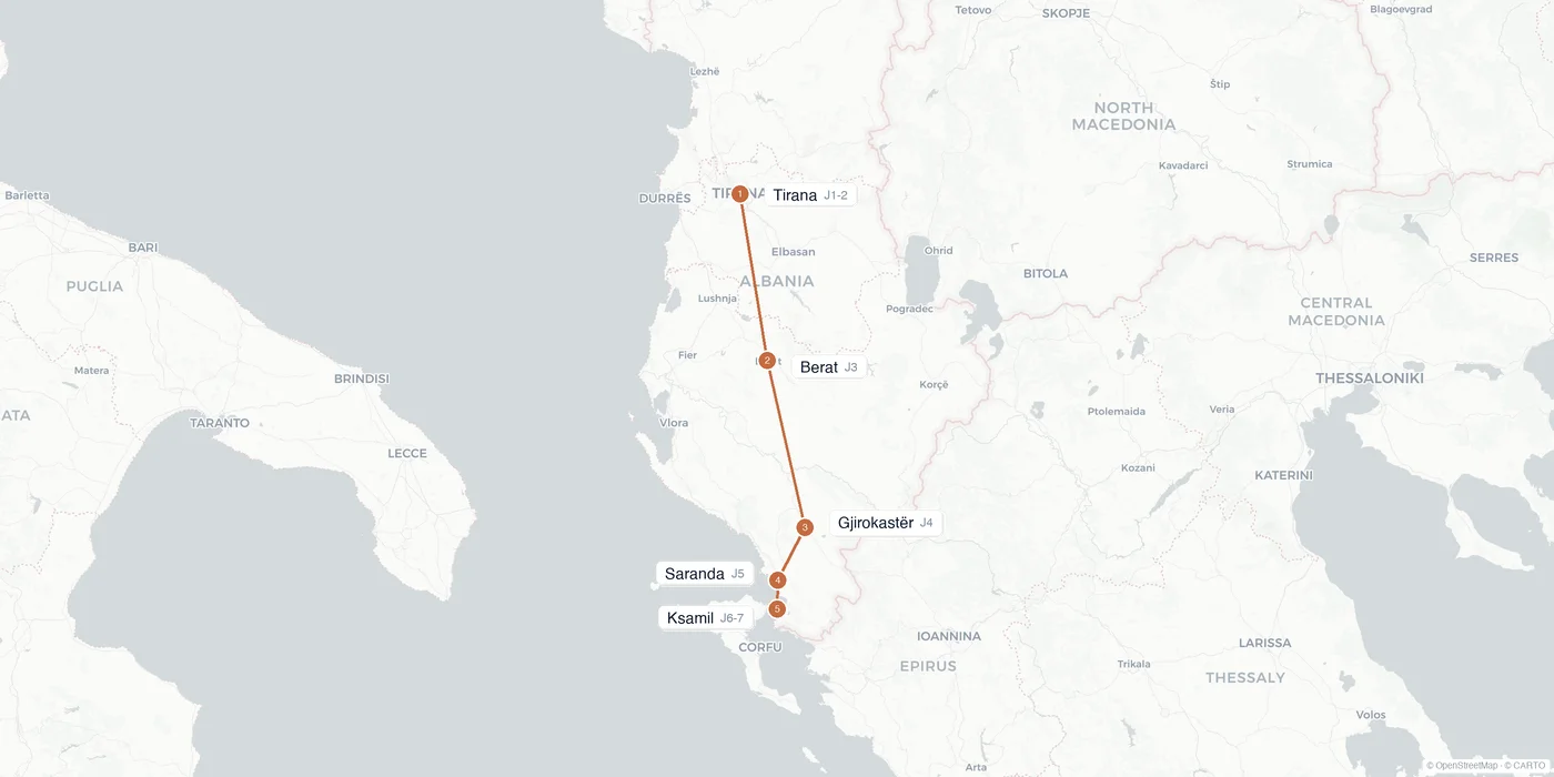 Carte de l'itinéraire 1 semaine en Albanie : Tirana, Berat, Gjirokastër, Saranda, Ksamil