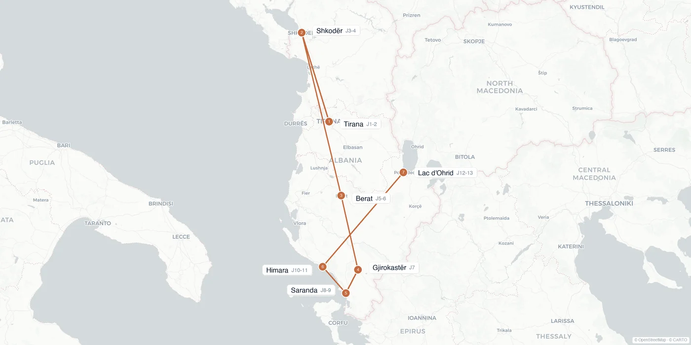 Carte de l'itinéraire 2 semaines en Albanie : Tirana, Shkodër, Berat, Gjirokastër, Saranda, Himara, lac d'Ohrid