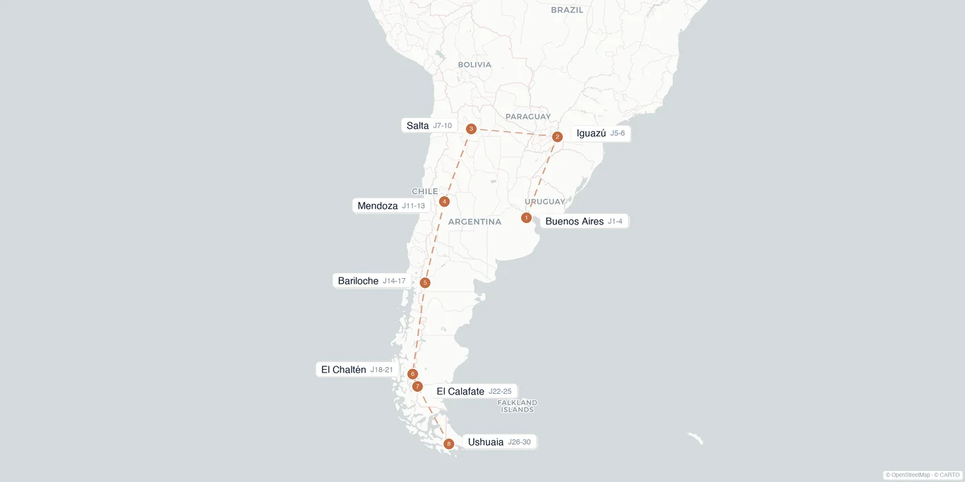Carte de l'itinéraire 1 mois en Argentine : Buenos Aires, Iguazú, Salta, Mendoza, Bariloche, El Chaltén, El Calafate, Ushuaia