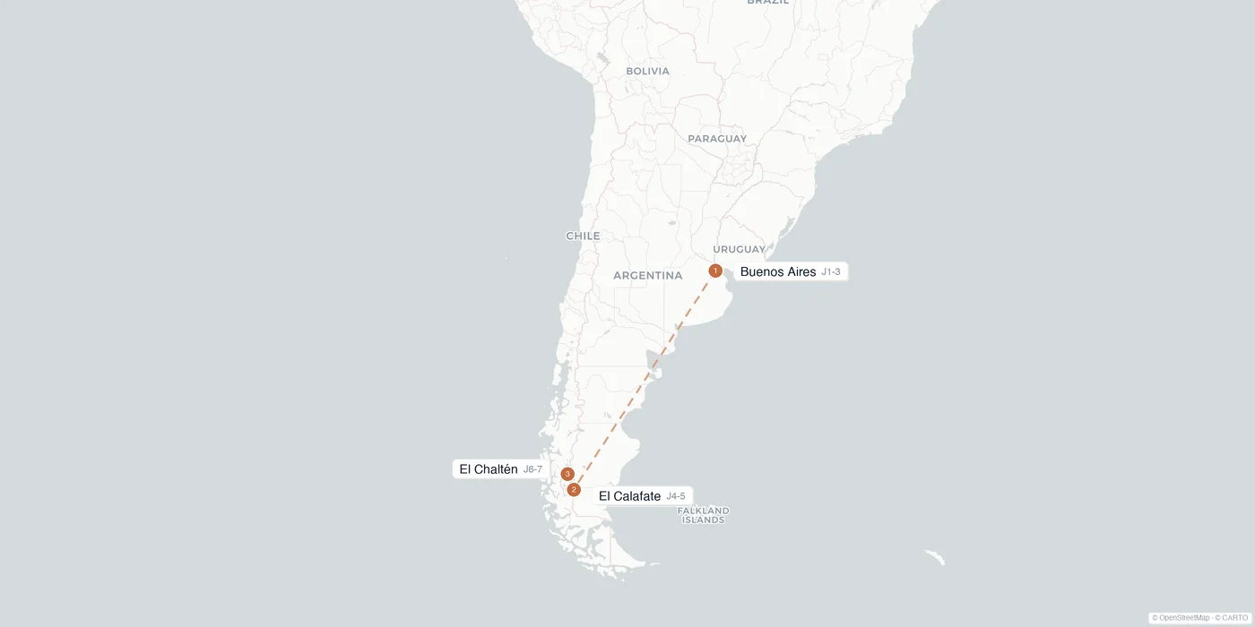 Carte de l'itinéraire 1 semaine en Argentine : Buenos Aires, El Calafate, Perito Moreno, El Chaltén