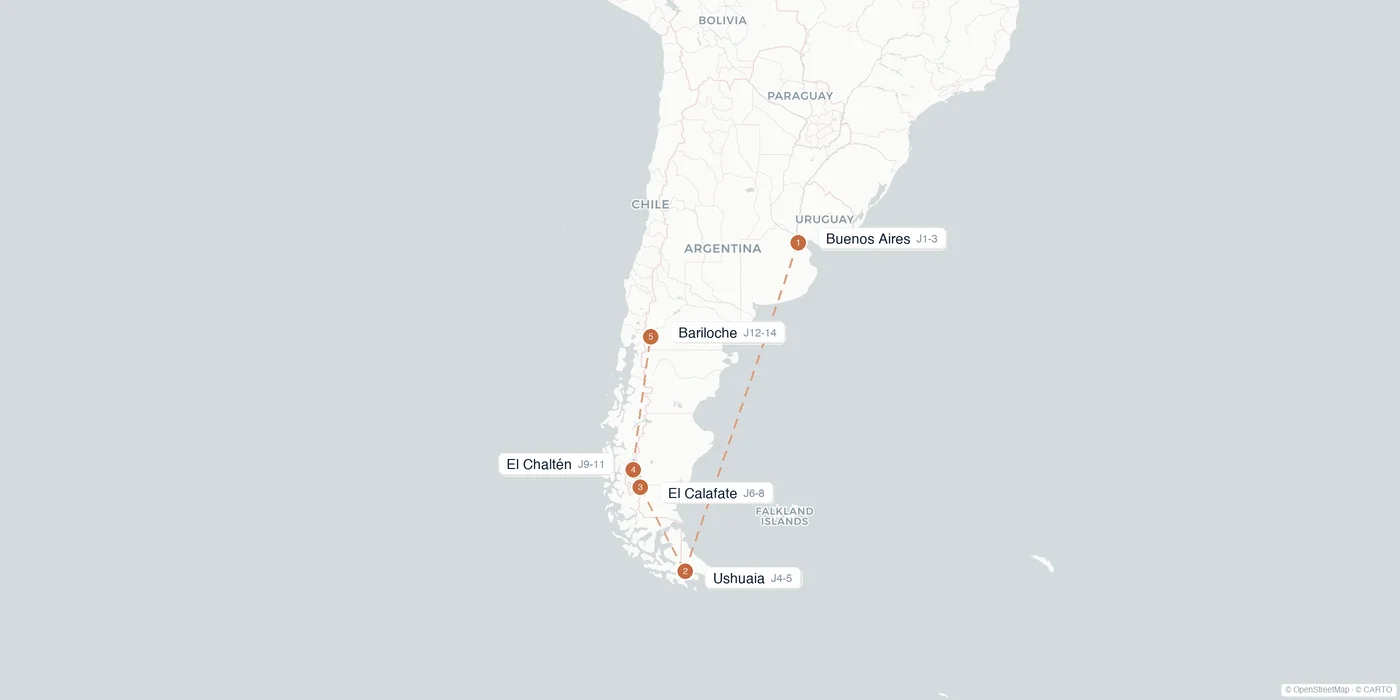 Carte de l'itinéraire 2 semaines en Argentine : Buenos Aires, Ushuaia, El Calafate, El Chaltén, Bariloche