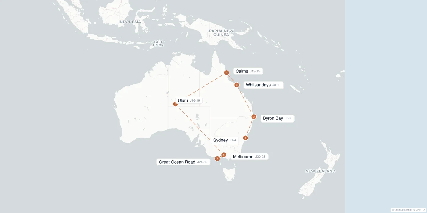 Carte de l'itinéraire 1 mois en Australie : Sydney, Byron Bay, Whitsundays, Cairns, Uluru, Melbourne, Great Ocean Road