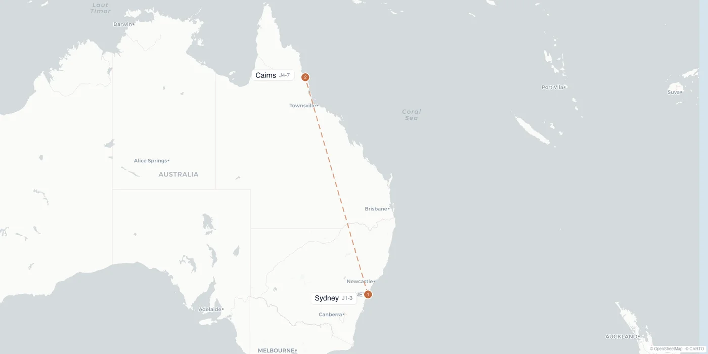 Carte de l'itinéraire 1 semaine en Australie : Sydney, Cairns, Grande Barrière de corail