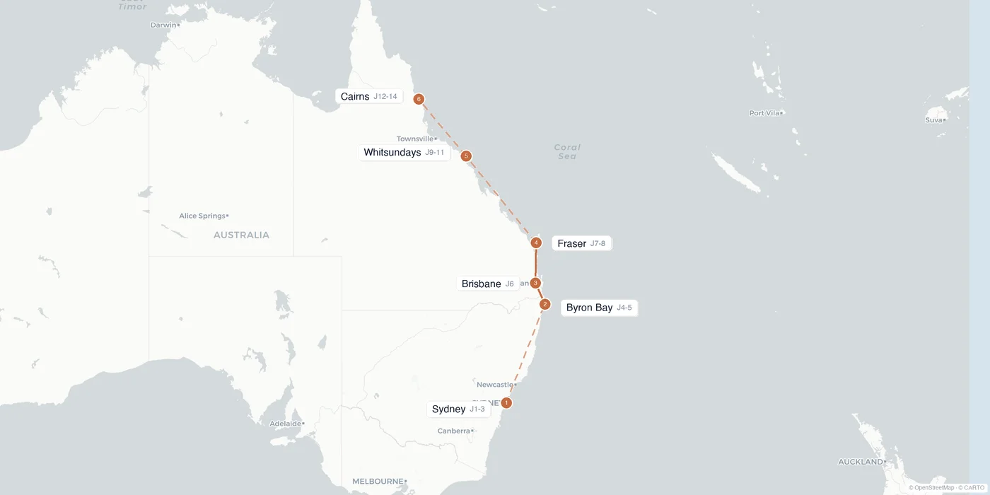 Carte de l'itinéraire 2 semaines en Australie : Sydney, Byron Bay, Brisbane, Fraser, Whitsundays, Cairns