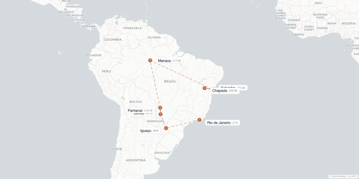 Carte de l'itinéraire 1 mois au Brésil : Rio de Janeiro, Iguaçu, Bonito, Pantanal, Manaus, Salvador