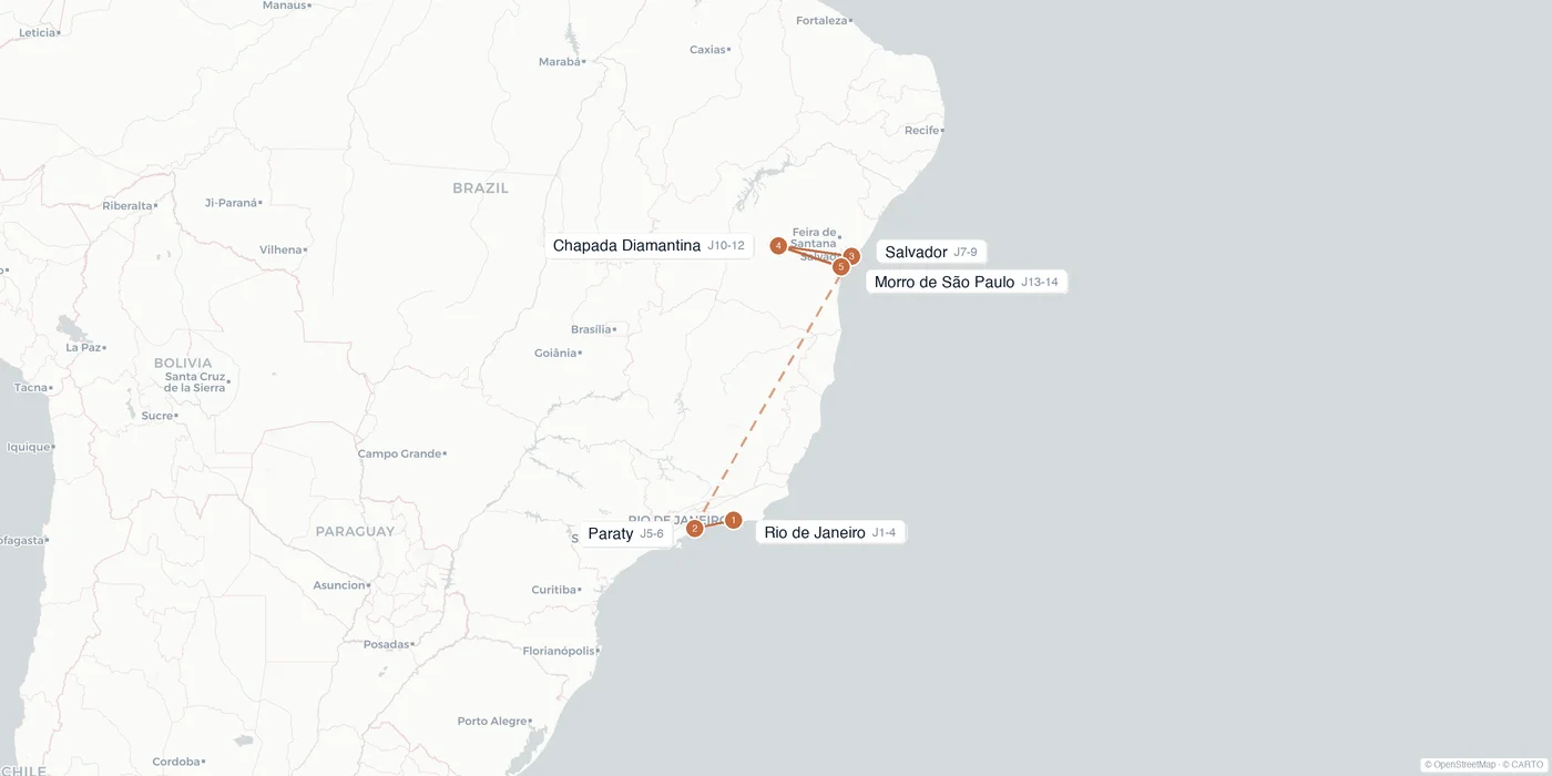 Carte de l'itinéraire 2 semaines au Brésil : Rio de Janeiro, Paraty, Salvador, Chapada Diamantina, Morro de São Paulo