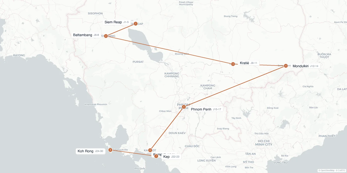 Carte de l'itinéraire 1 mois au Cambodge : Siem Reap, Battambang, Kratié, Mondulkiri, Phnom Penh, Kampot, Kep, Koh Rong Sanloem