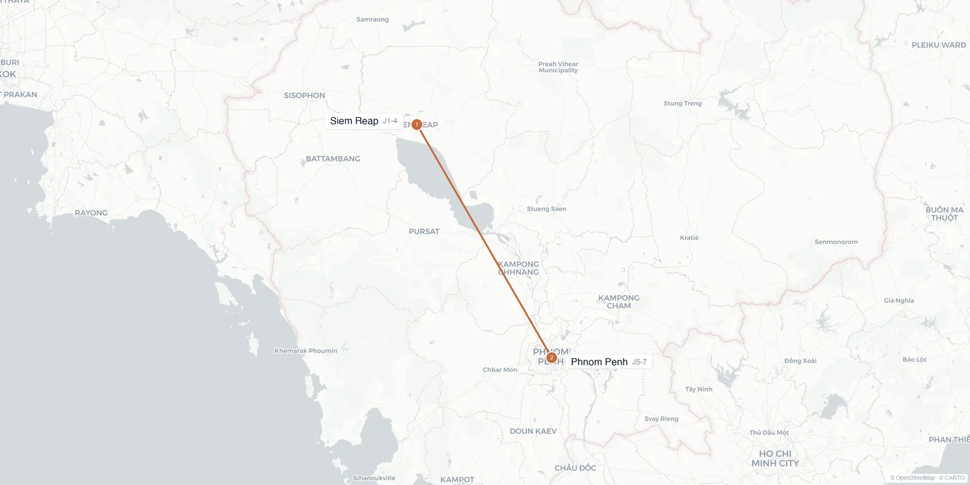 Carte de l'itinéraire 1 semaine au Cambodge : Siem Reap, Angkor, Phnom Penh