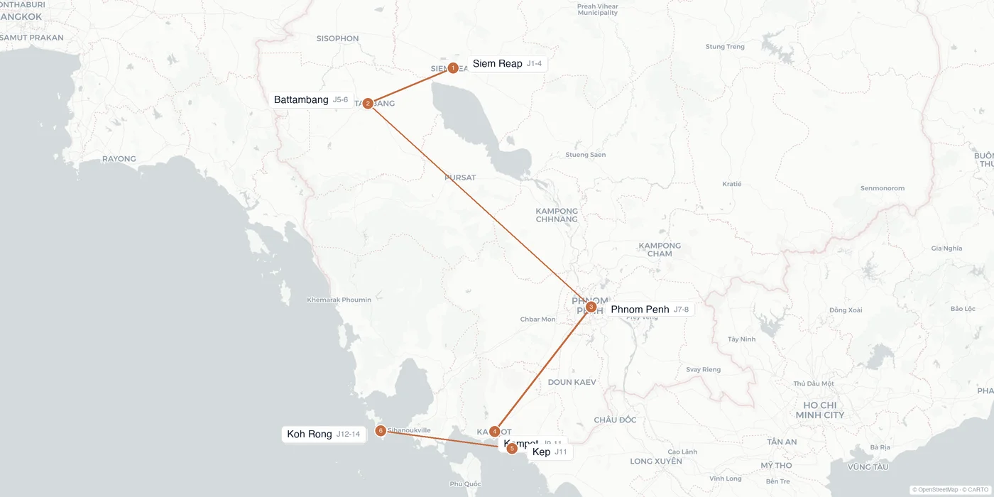Carte de l'itinéraire 2 semaines au Cambodge : Siem Reap, Battambang, Phnom Penh, Kampot, Kep, Koh Rong Sanloem