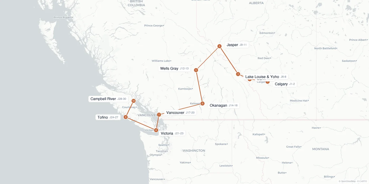 Carte de l'itinéraire 1 mois au Canada : Calgary, Banff, Jasper, Wells Gray, Okanagan, Vancouver, Victoria, Tofino, Yoho