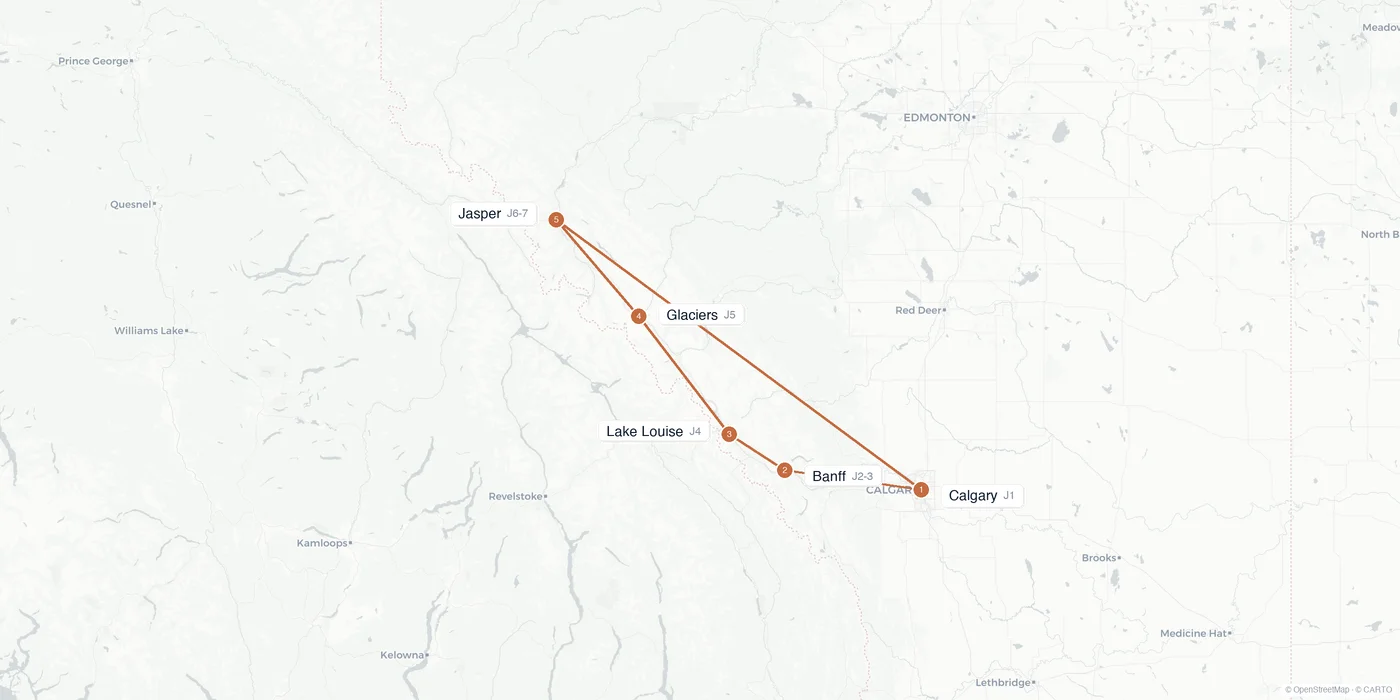 Carte de l'itinéraire 1 semaine au Canada : Calgary, Banff, Lake Louise, route des Glaciers, Jasper