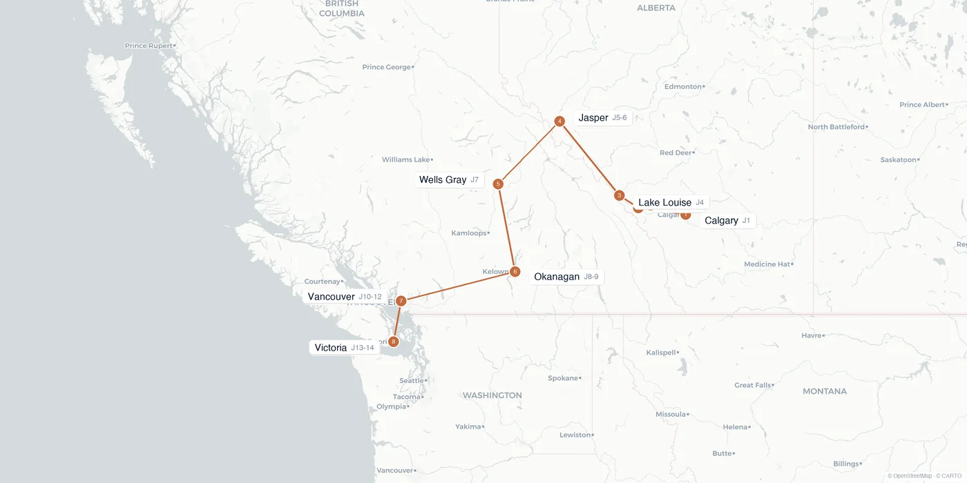 Carte de l'itinéraire 2 semaines au Canada : Calgary, Banff, Lake Louise, Jasper, Wells Gray, Okanagan, Vancouver, Victoria