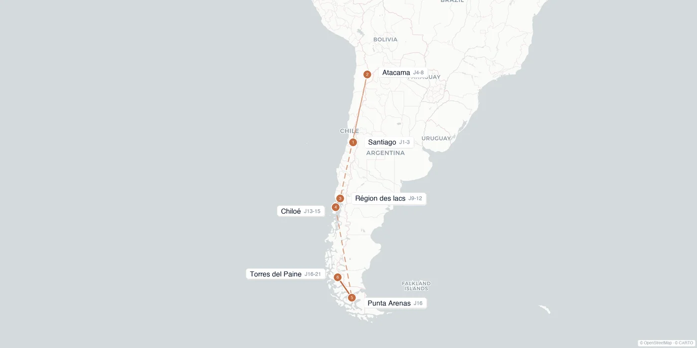 Carte de l'itinéraire 1 mois au Chili : Santiago, Atacama, Puerto Montt, Chiloé, Punta Arenas, Torres del Paine, île de Pâques