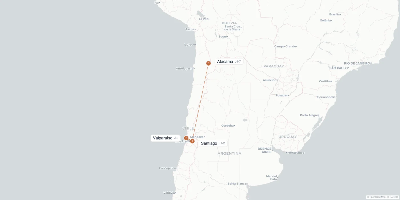 Carte de l'itinéraire 1 semaine au Chili : Santiago, Valparaíso, désert d'Atacama