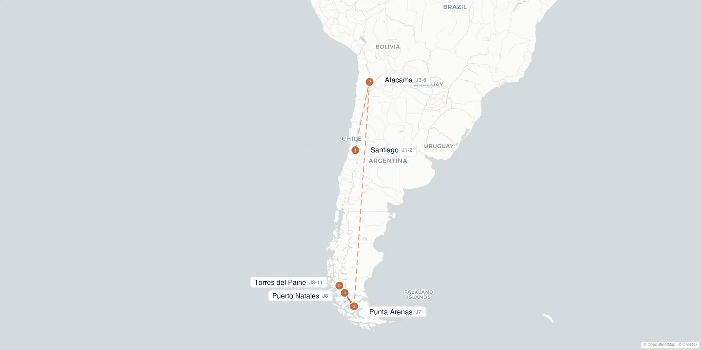 Carte de l'itinéraire 2 semaines au Chili : Santiago, Atacama, Punta Arenas, Puerto Natales, Torres del Paine