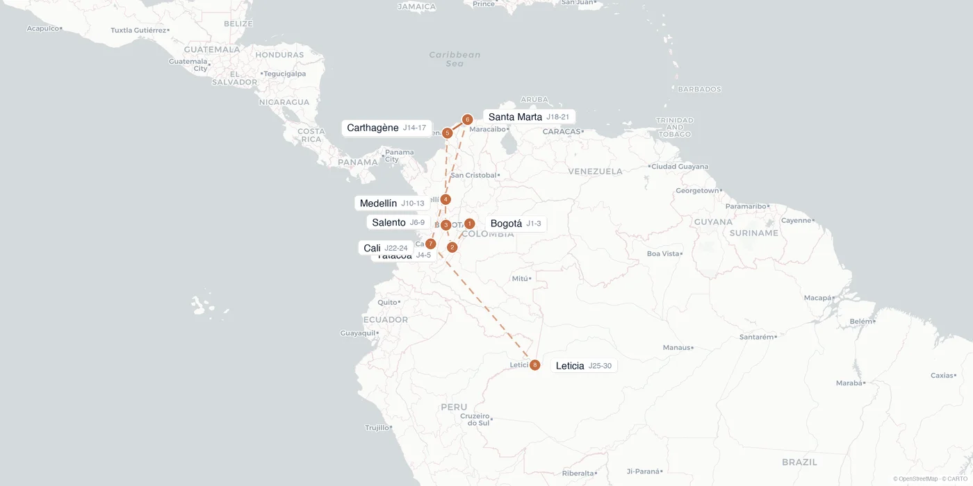 Carte de l'itinéraire 1 mois en Colombie : Bogotá, désert de Tatacoa, Salento, Medellín, Carthagène, Tayrona, Cali, Leticia
