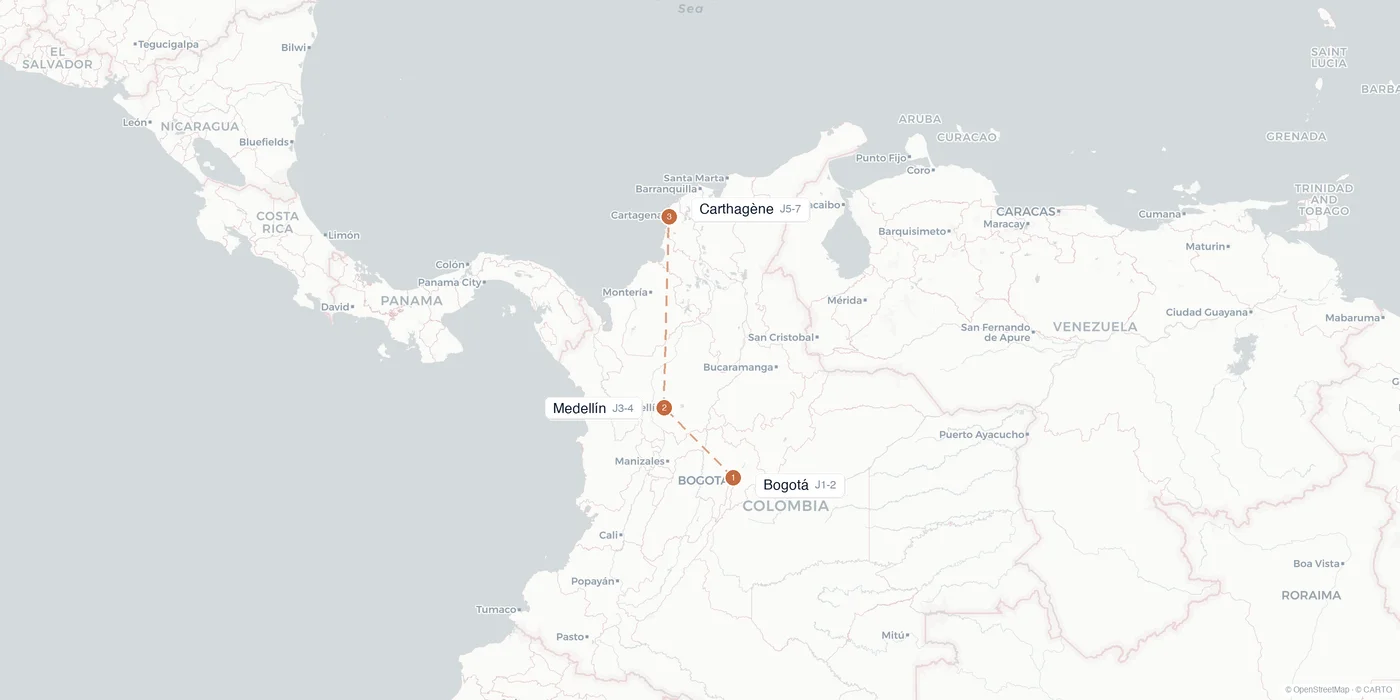 Carte de l'itinéraire 1 semaine en Colombie : Bogotá, Medellín, Carthagène