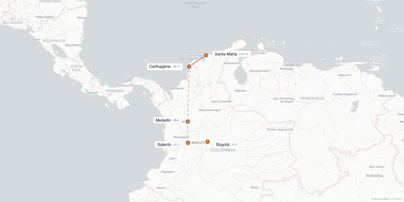 Carte de l'itinéraire 2 semaines en Colombie : Bogotá, Salento, Medellín, Carthagène, Santa Marta, parc Tayrona