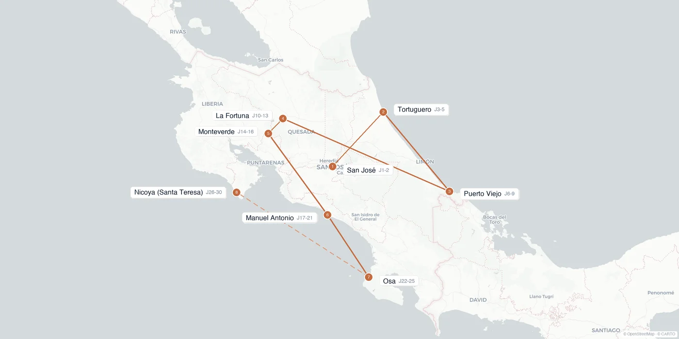 Carte de l'itinéraire 1 mois au Costa Rica : San José, Tortuguero, Puerto Viejo, Arenal, Monteverde, Manuel Antonio, Osa, Nicoya