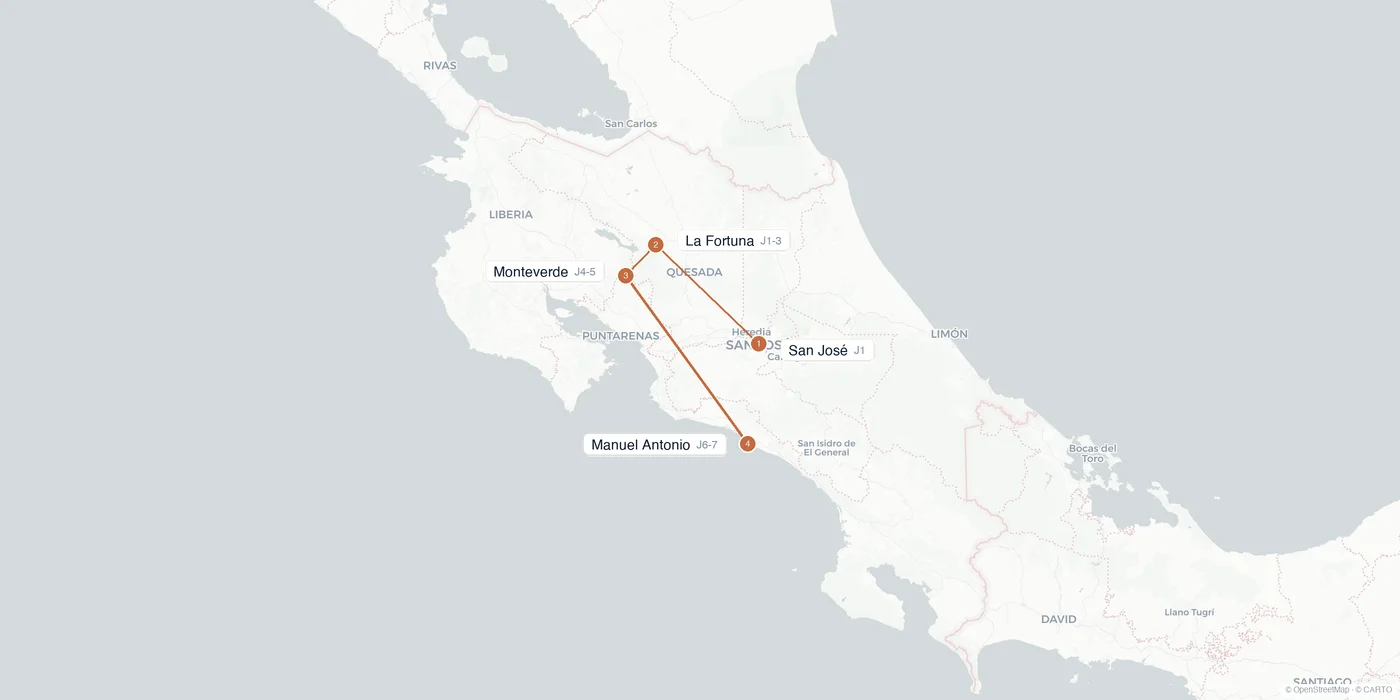 Carte de l'itinéraire 1 semaine au Costa Rica : San José, La Fortuna, Monteverde, Manuel Antonio