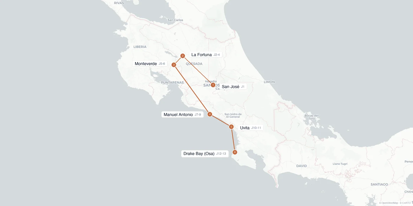 Carte de l'itinéraire 2 semaines au Costa Rica : San José, La Fortuna, Monteverde, Manuel Antonio, Uvita, péninsule d'Osa
