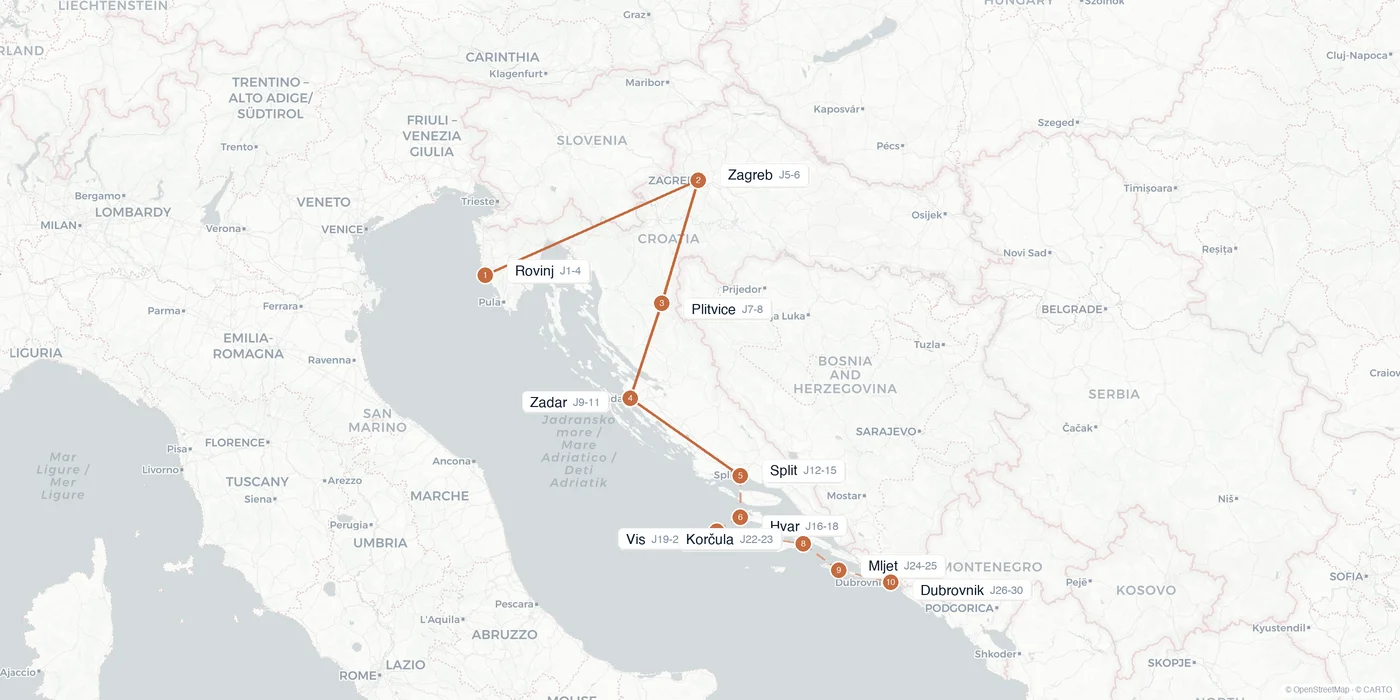 Carte de l'itinéraire 1 mois en Croatie : Rovinj, Zagreb, Plitvice, Zadar, Split, Hvar, Vis, Korčula, Mljet, Dubrovnik