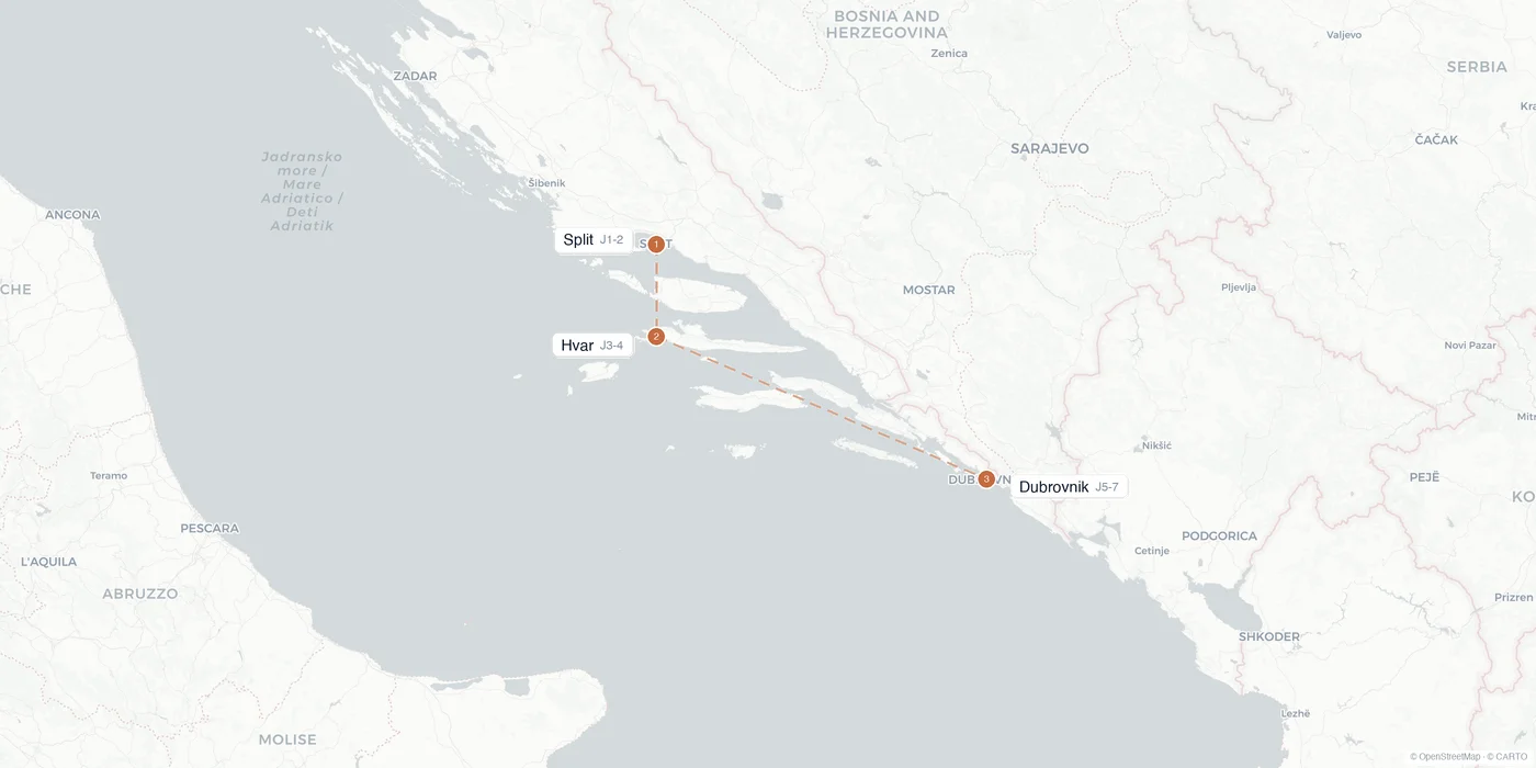 Carte de l'itinéraire 1 semaine en Croatie : Split, Hvar, Dubrovnik
