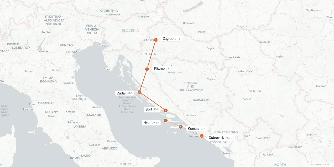 Carte de l'itinéraire 2 semaines en Croatie : Zagreb, Plitvice, Zadar, Split, Hvar, Korčula, Dubrovnik