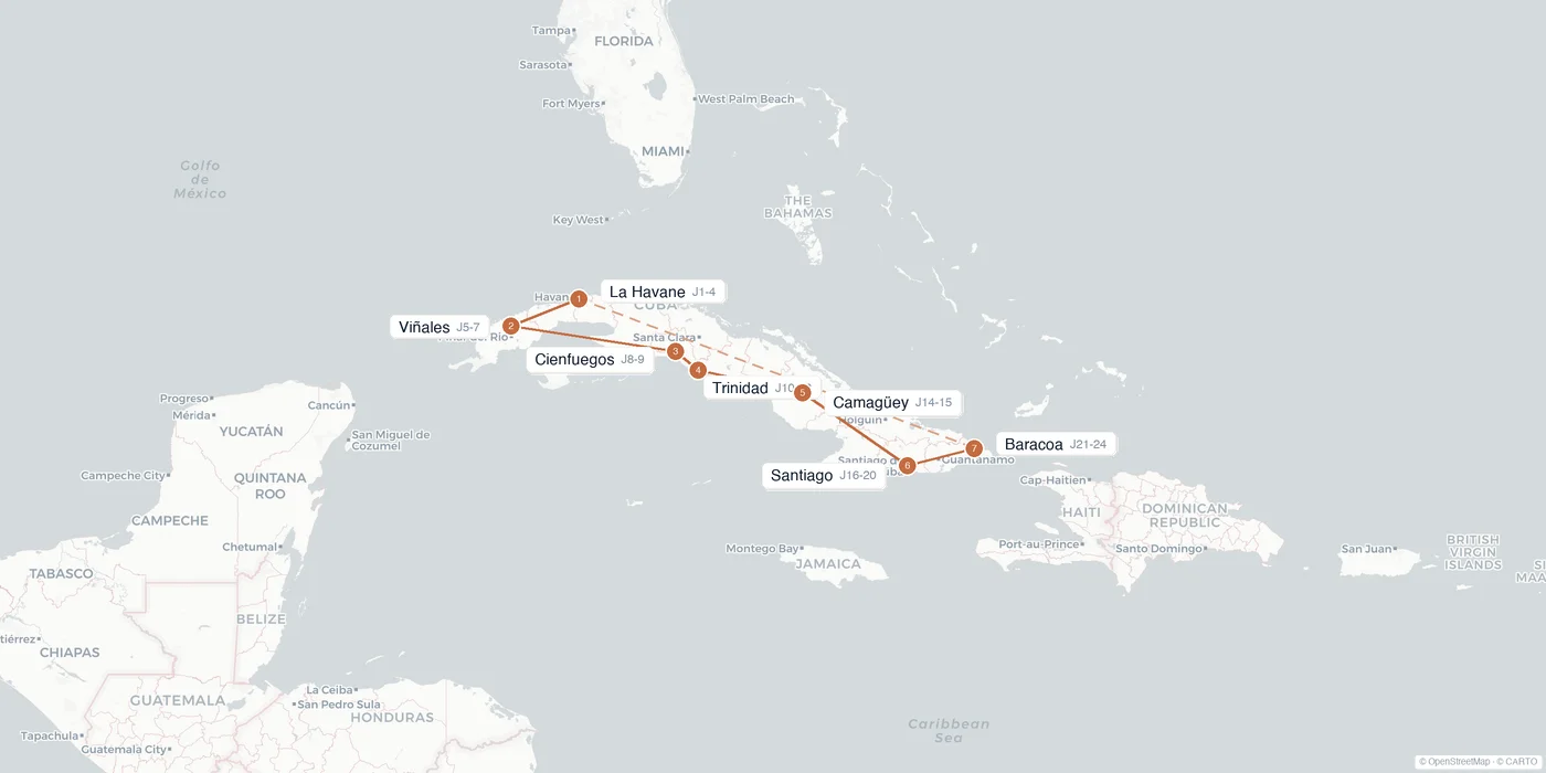 Carte de l'itinéraire 1 mois à Cuba : La Havane, Viñales, Cienfuegos, Trinidad, Camagüey, Santiago de Cuba, Baracoa