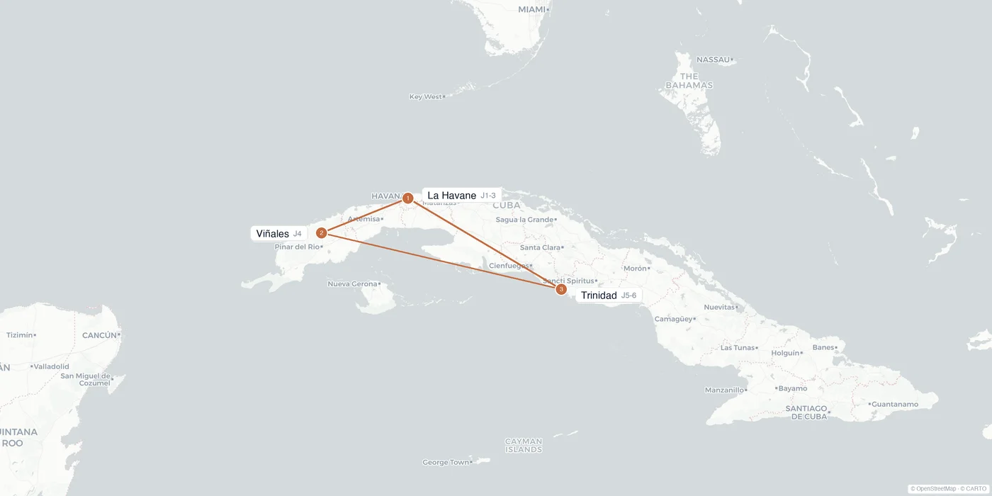 Carte de l'itinéraire 1 semaine à Cuba : La Havane, Viñales, Trinidad