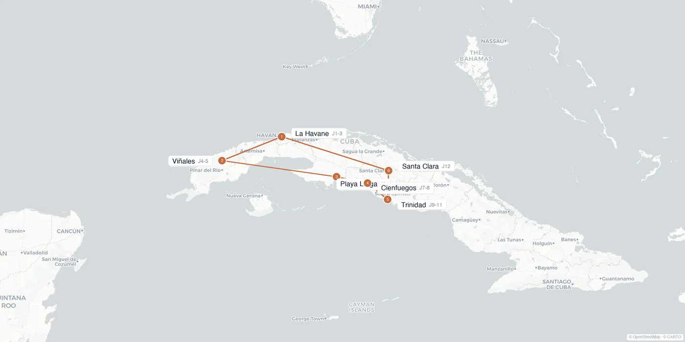 Carte de l'itinéraire 2 semaines à Cuba : La Havane, Viñales, Cienfuegos, Trinidad, Santa Clara, Playa Larga