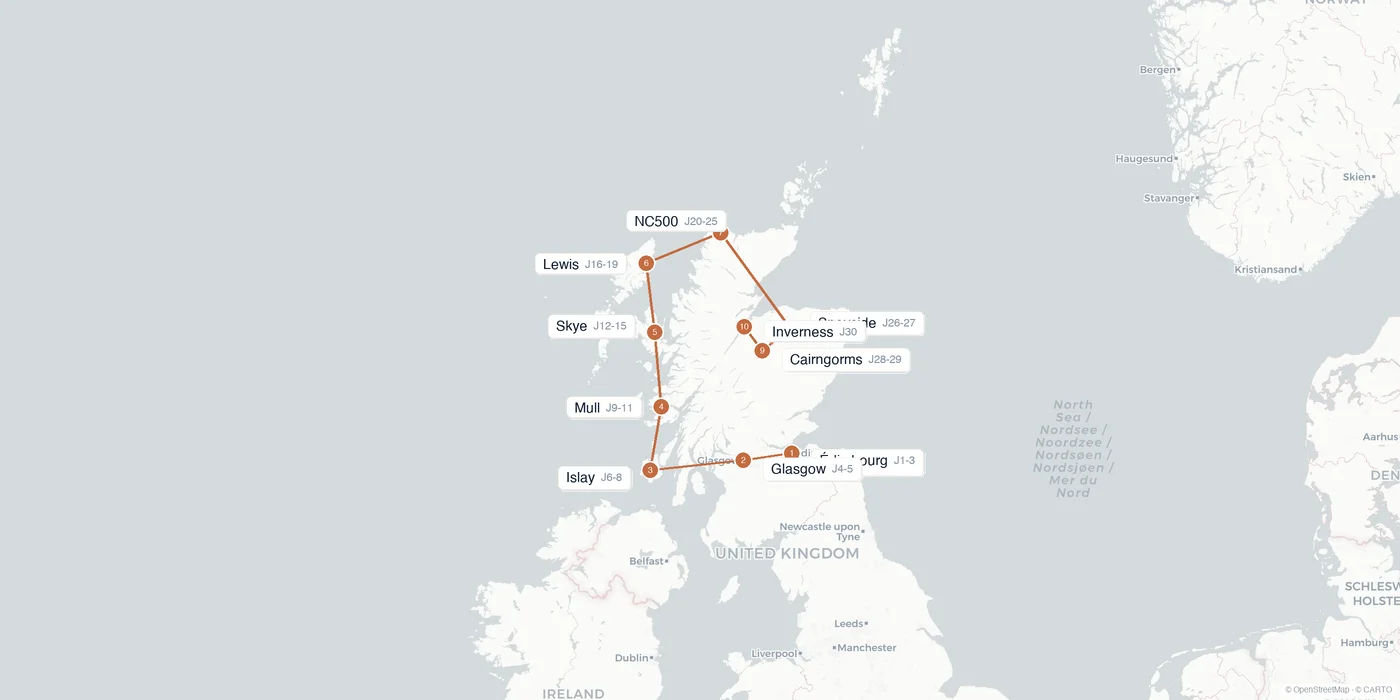 Carte de l'itinéraire 1 mois en Écosse : Édimbourg, Glasgow, Islay, Mull, Skye, Lewis, NC500, Speyside, Inverness, Cairngorms