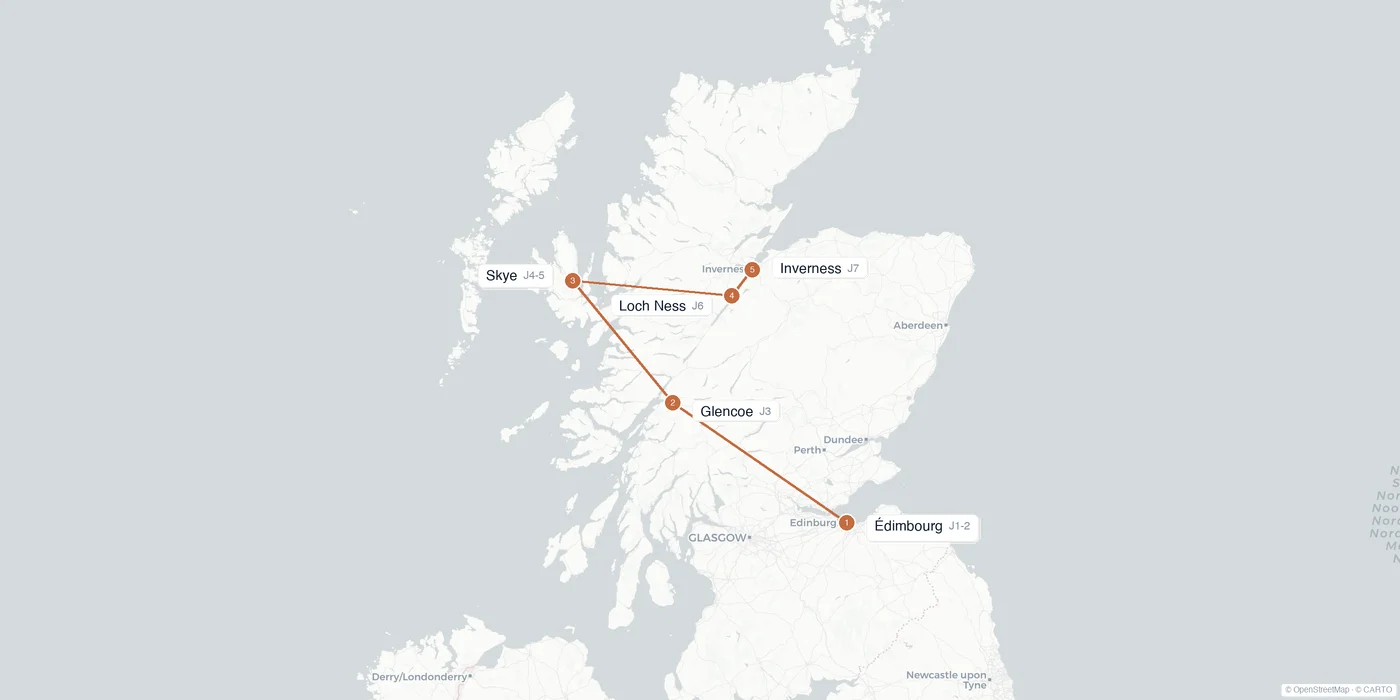 Carte de l'itinéraire 1 semaine en Écosse : Édimbourg, Glencoe, Fort William, île de Skye, Loch Ness, Inverness