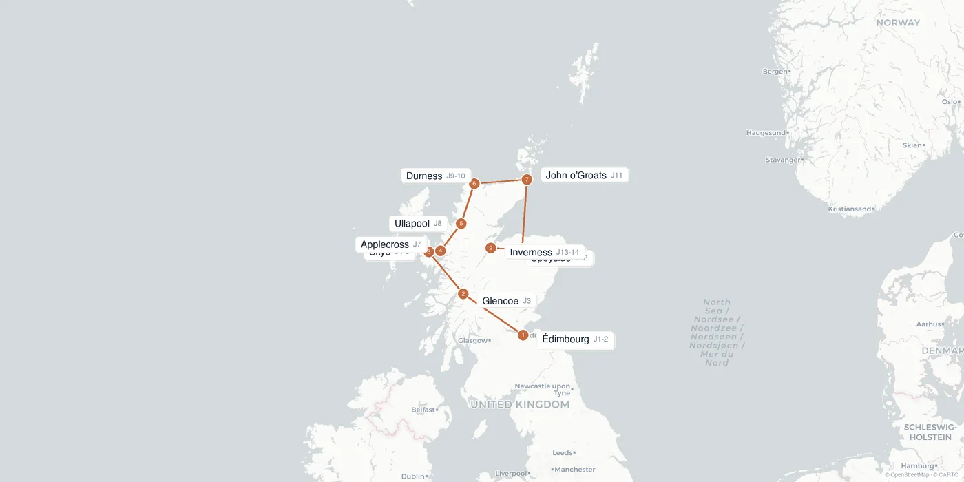 Carte de l'itinéraire 2 semaines en Écosse : Édimbourg, Glencoe, Skye, NC500, Applecross, Ullapool, Durness, John o'Groats, Inverness