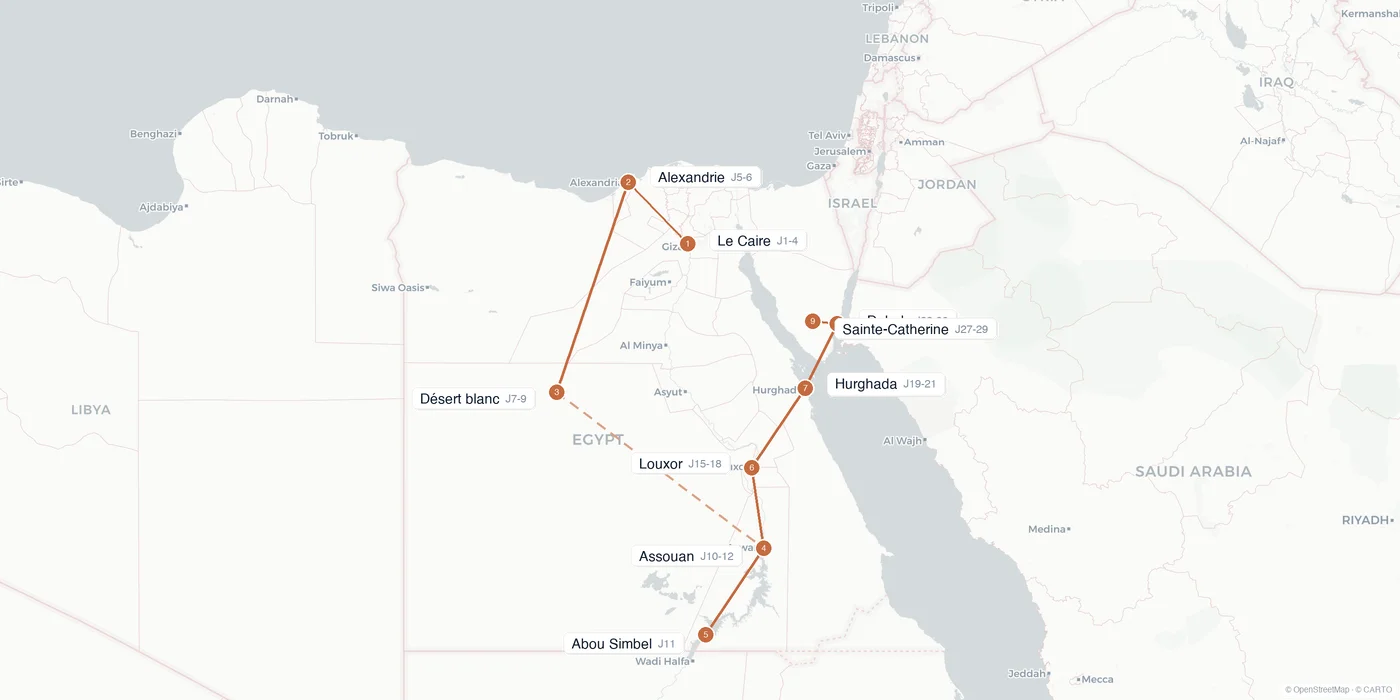 Carte de l'itinéraire 1 mois en Égypte : Le Caire, Alexandrie, désert blanc, Assouan, Abou Simbel, croisière sur le Nil, Louxor, Dahab
