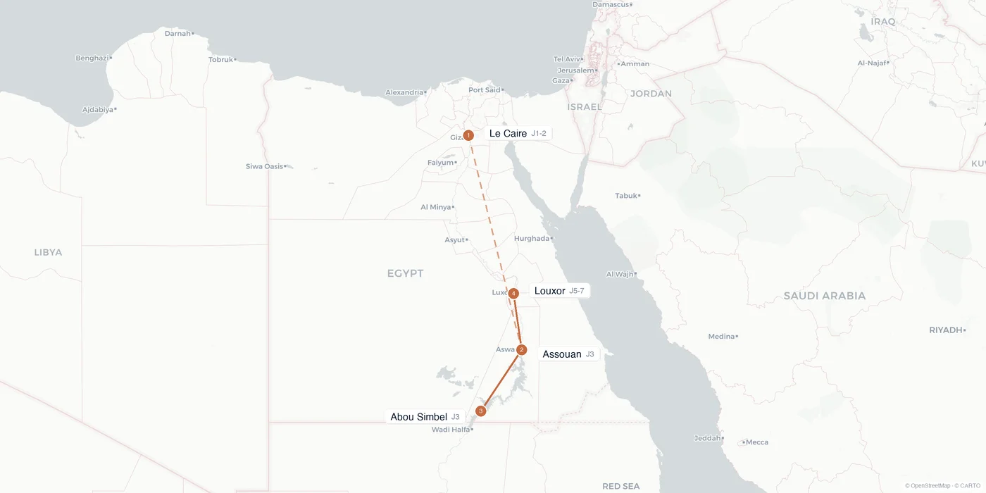 Carte de l'itinéraire 1 semaine en Égypte : Le Caire, Assouan, Abou Simbel, croisière sur le Nil, Louxor