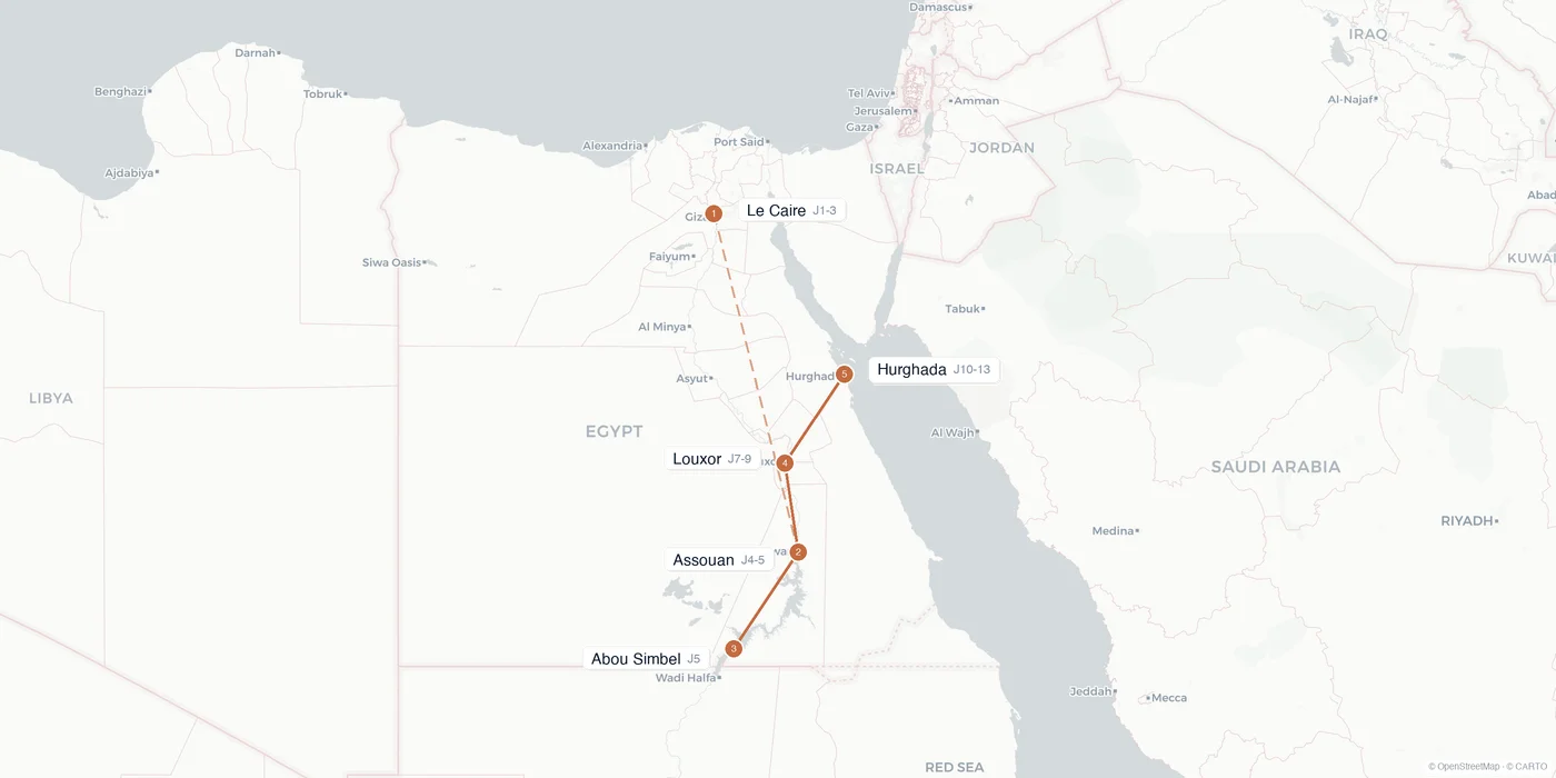 Carte de l'itinéraire 2 semaines en Égypte : Le Caire, Assouan, Abou Simbel, croisière sur le Nil, Louxor, Hurghada