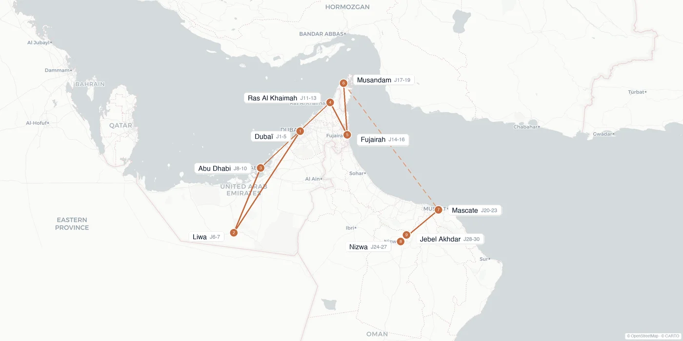 Carte de l'itinéraire 1 mois aux Émirats arabes unis et Oman : Dubaï, Abu Dhabi, Liwa, Ras Al Khaimah, Fujairah, Musandam, Mascate, Nizwa