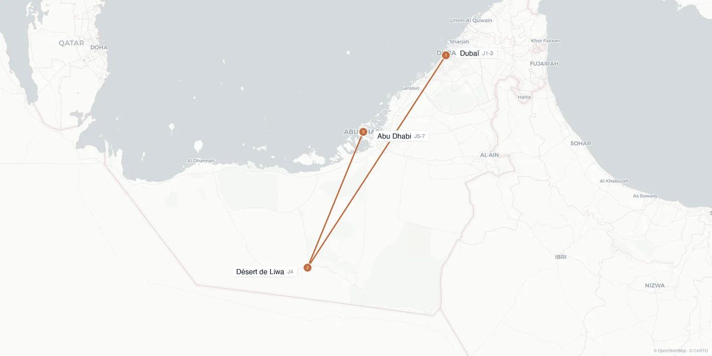 Carte de l'itinéraire 1 semaine aux Émirats arabes unis : Dubaï, désert de Liwa, Abu Dhabi