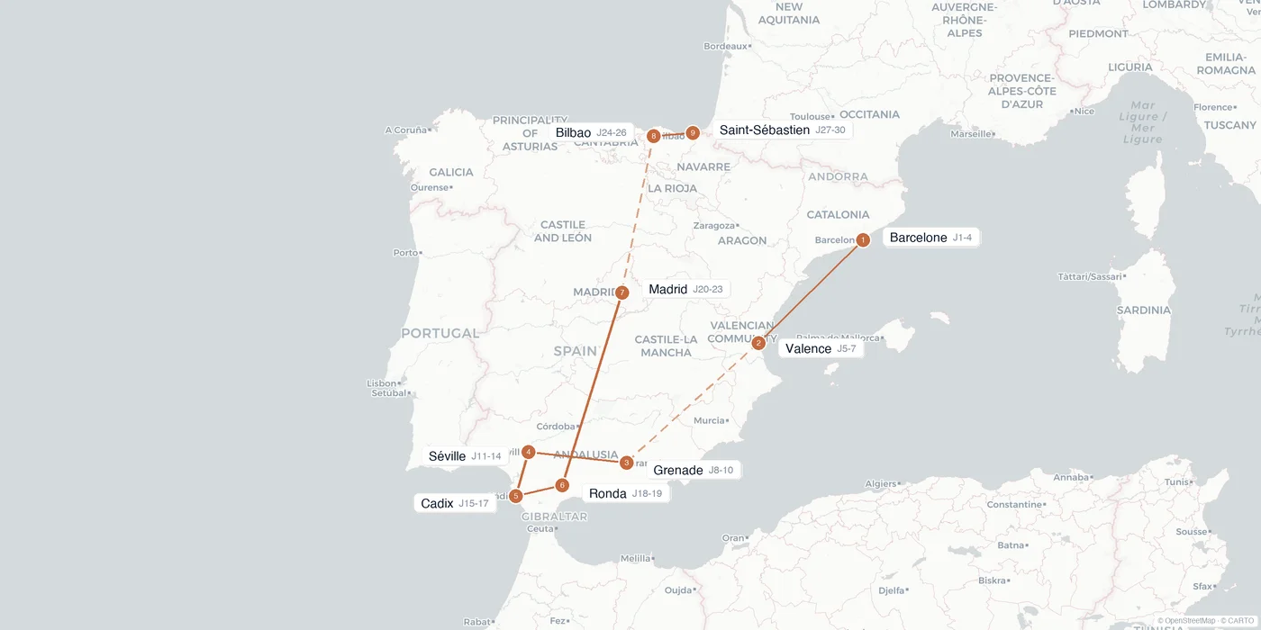 Carte de l'itinéraire 1 mois en Espagne : Barcelone, Valence, Grenade, Séville, Cadix, Madrid, Bilbao, Saint-Sébastien