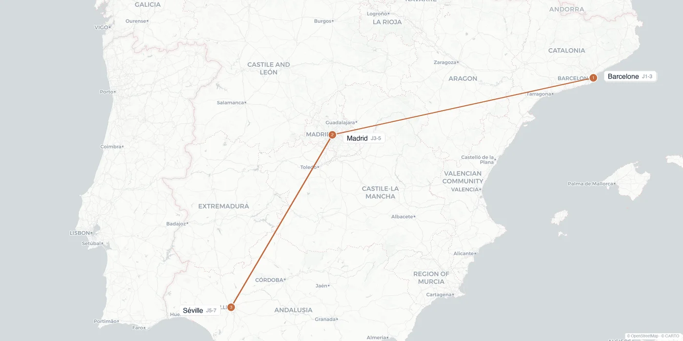 Carte de l'itinéraire 1 semaine en Espagne : Barcelone, Madrid, Séville