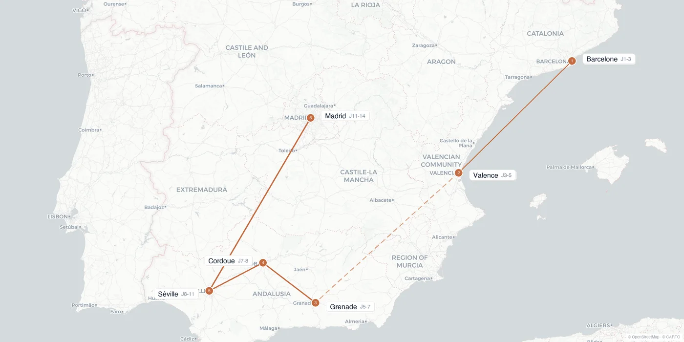 Carte de l'itinéraire 2 semaines en Espagne : Barcelone, Valence, Grenade, Cordoue, Séville, Madrid