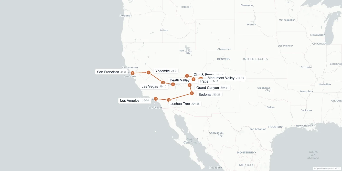Carte de l'itinéraire 1 mois dans l'Ouest américain : San Francisco, Yosemite, Las Vegas, Zion, Bryce, Monument Valley, Grand Canyon, Los Angeles