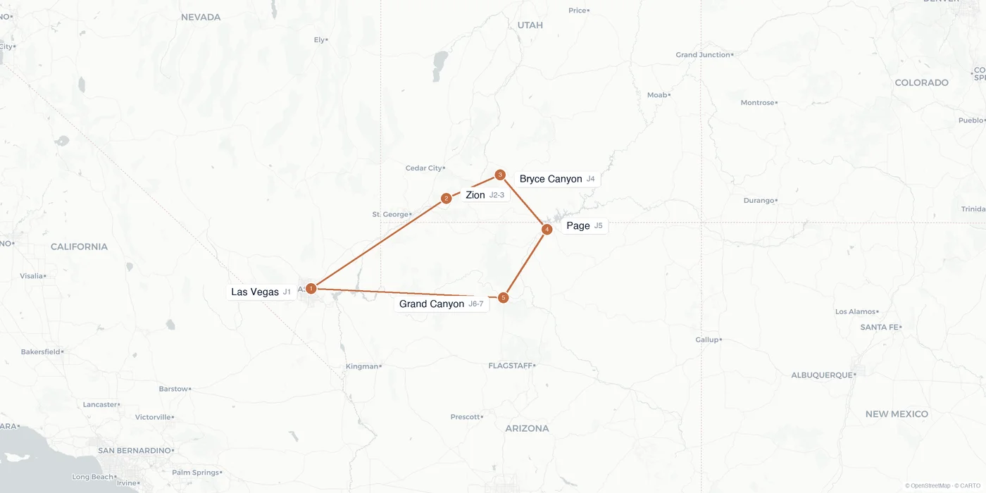 Carte de l'itinéraire 1 semaine dans l'Ouest américain : Las Vegas, Zion, Bryce Canyon, Page, Grand Canyon